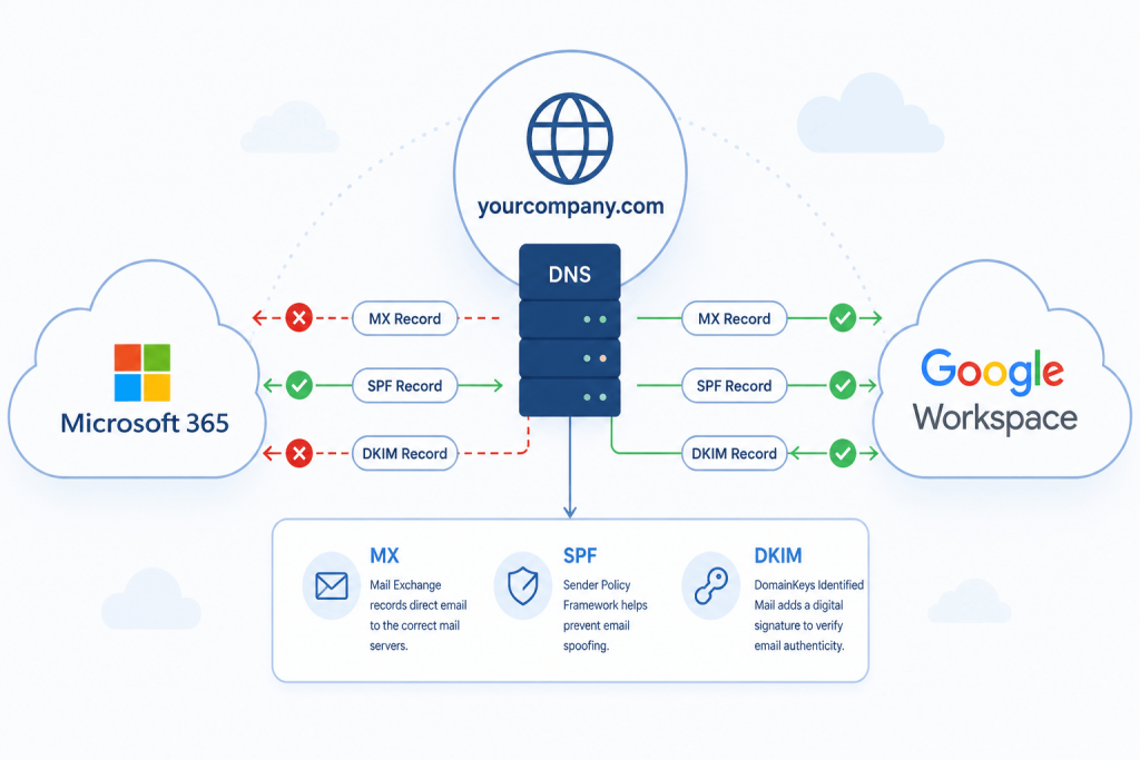 DNS record configuration diagram showing migration from Google Workspace to Microsoft 365 with MX SPF and DKIM records
