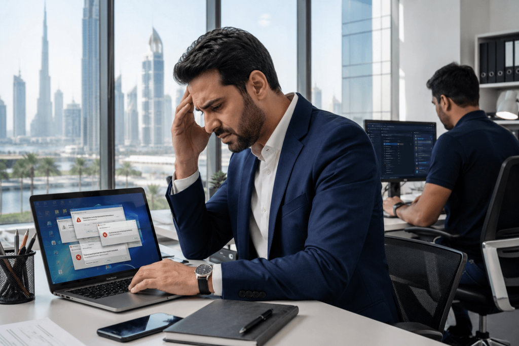 IT technician fixing Microsoft 365 email and Teams issues for a business client in Dubai